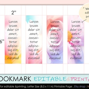 Printable Bookmark & 4 Watercolor style flower patterns ( Editable bookmarks, bookmark word template, personalized bookmark), size 2x6&quot;
