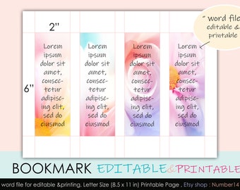 Printable Bookmark & 4 Watercolor style flower patterns ( Editable bookmarks, bookmark word template, personalized bookmark), size 2x6"