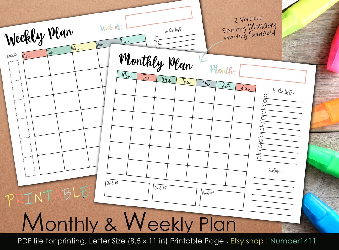 Monthly Planner Printable, Weekly Planner Printable, Wall Planner ...