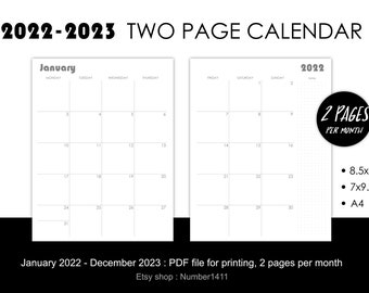 2 Month Calendar 2023 Two Page Calendar 2022-2023 : Printable Monthly Planner / | Etsy Australia