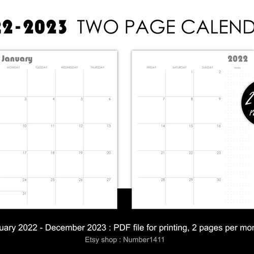 Two Page Calendar 2022-2023 : Printable Monthly Planner / | Etsy