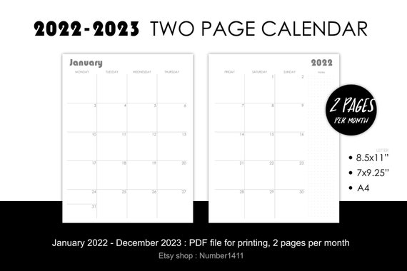 Two Page Calendar 2022-2023 : Printable Monthly Planner / | Etsy