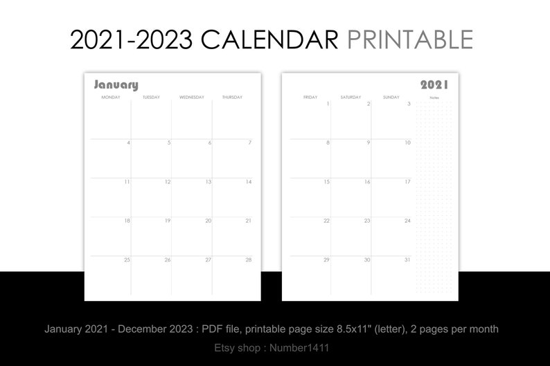 printable calendar 2021 2022 2023 monthly planner for 36 etsy