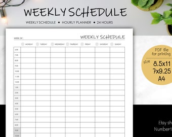 Hourly Planner, Weekly Schedule l Printable Weekly Planner l Weekly Planner Template l 24 Hour Planner l size : 8.5x11 Letter, 7x9.25, A4