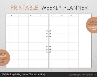 Printable weekly planner for lesson planner, student planner, teacher planner, homeschool planner, weekly schedule : 2 pages per week