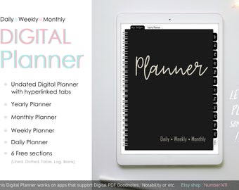 Undated digital planner weekly, monthly, daily, yearly : minimalist digital Planner with hyperlinked for iPad, Goodnotes, Notability