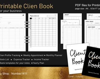 Small business planner printable, Customer Information, Weekly appointment (Hourly), Expense Tracker, Stock list : PDF files for printing