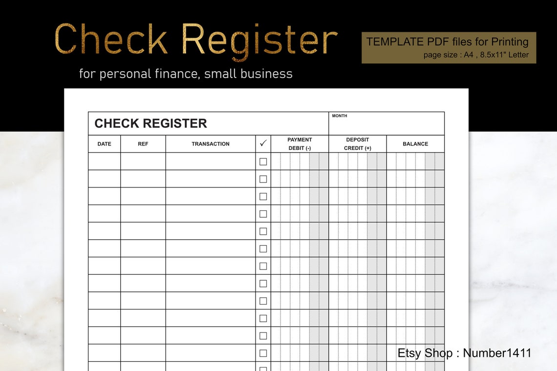 Check Register Template, Printable Checkbook, for Personal Finance or