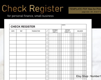 Check register template, printable checkbook, for personal finance or small business : PDF files for printing 8.5x11" (letter) & A4