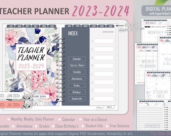Teacher planner 2023-2024, digital teacher planner, academic planner, lesson planner, goodnotes planner, vintage flower cover