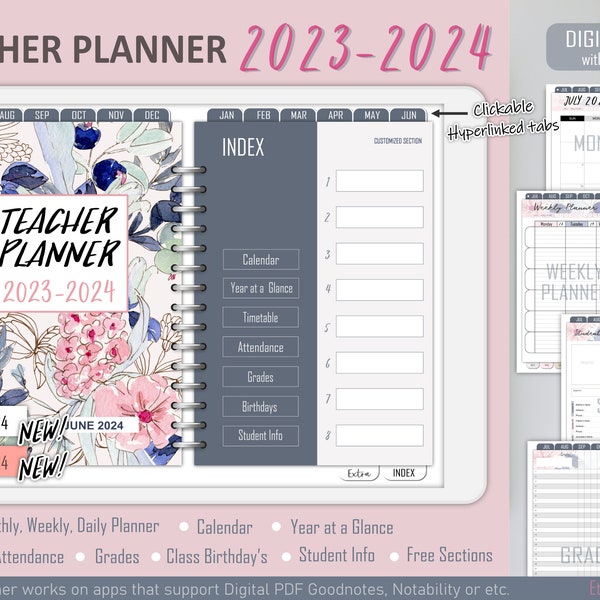 Teacher planner 2023-2024, digital teacher planner, academic planner, lesson planner, goodnotes planner, vintage flower cover