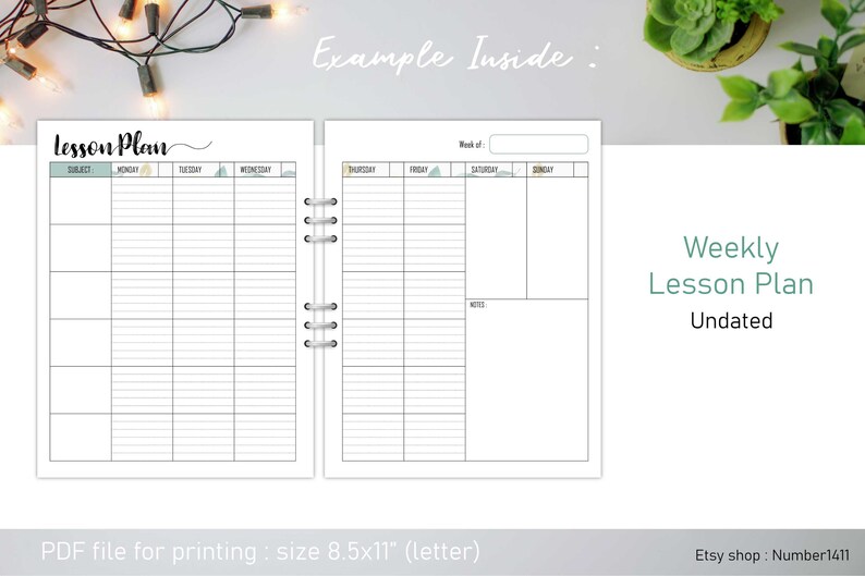 May include: A printable weekly lesson plan template in a PDF format. The template is undated and has space for subject, Monday through Sunday, and notes.