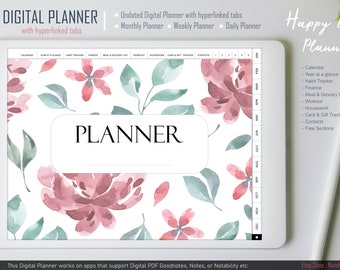 Undated Flower Digital Planner, Happy Life Planner : Time Management, Budget, Meal Plan, Workout, Housework, Contacts, Card & Gift Tracker