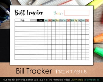 Bill tracker, expense tracker, monthly bill tracker, budget planner, passion planner printable : planner printable page size 8.5x11" Letter