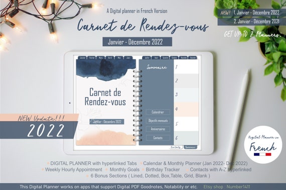 Digital Planner 2022 in French Version, Carnet De Rendez-vous, Appointment  Book 2022 for Weekly & Monthly iPad Tablets Goodnotes (Instant Download) 