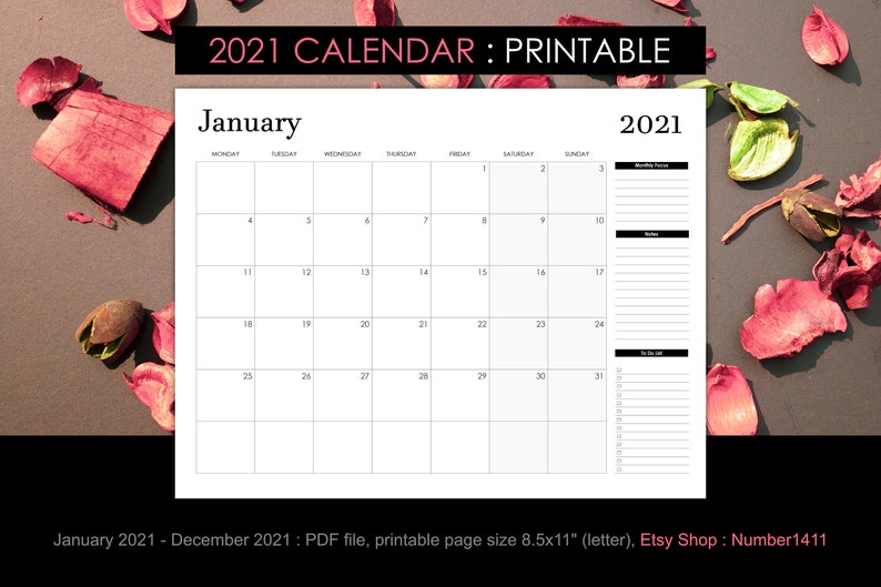 Printable calendar 2021 for 12 months black & white size ...