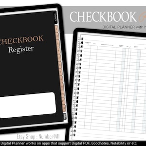 May include: A digital planner for checkbook register with hyperlinked tabs. The planner has a black cover with the text "CHECKBOOK Register" and a brown spine with an index.