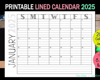 Printable Lined Calendar 2025 l 2025 Monthly Planner l 2025 calendar template l JAN-DEC l size 8.5x11" letter & A4, PDF files for printing