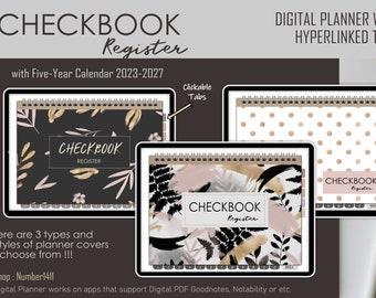 Checkbook Register with 5 year calendar, Digital planner with hyperlinked tabs for check register l Goodnotes Planner l Pink Collection
