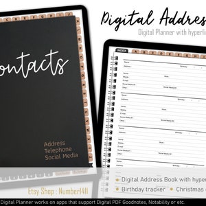 Address book, Contacts, Birthday tracker, Christmas Card tracker : Digital planner with hyperlinked tabs for Goodnotes, Notability