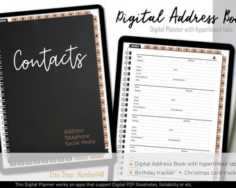 Address book, Contacts, Birthday tracker, Christmas Card tracker : Digital planner with hyperlinked tabs for Goodnotes, Notability
