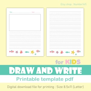 Preschool worksheets, Draw and Write template PDF, preschool printables : Digital writing skill paper size 8.5x11&quot; (letter), fish border
