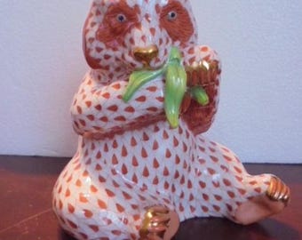 HEREND Blue Fishnet PANDA Eating Bamboo Figurine No. 15348, 5&quot; tall