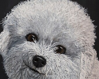 May include: A close-up painting of a white fluffy dog with brown eyes. The dog is looking to the left and has a happy expression. The background is black.