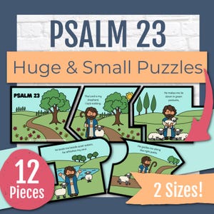 以下が含まれることがあります： Psalm 23と書かれた12ピースのパズルセット。イラストには、The Lord is my shepherd, I lack nothing, He makes me lie down in green pastures, he leads me beside quiet waters, he refreshes my soul, He guides me along the right pathsというテキストが含まれています。