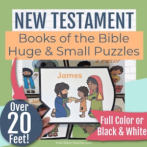 Può includere: Un set di tessere puzzle sui libri del Nuovo Testamento con illustrazioni a cartoni animati di figure bibliche. Le carte includono etichette come James e 2 Peter. Un cerchio blu scuro riporta la scritta Over 20 Feet in bianco.