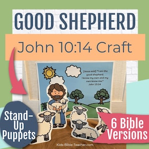 May include: A colourful craft kit with the text "GOOD SHEPHERD John 10:14 Craft". The image features a cartoon illustration of a shepherd with a lamb, sheep, and the quote "I am the good shepherd". Includes "Stand-Up Puppets" and "6 Bible Versions".