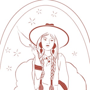 May include: Line drawing of a woman with long braids wearing a wide-brimmed hat and earrings. She is holding a cigarette in her hand and there are stars in the background.
