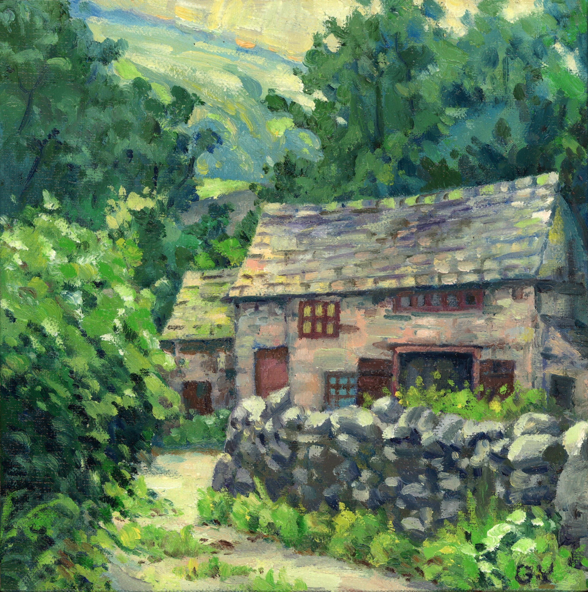 Landhaus hinter einer Steinwand Ölgemälde | Etsy