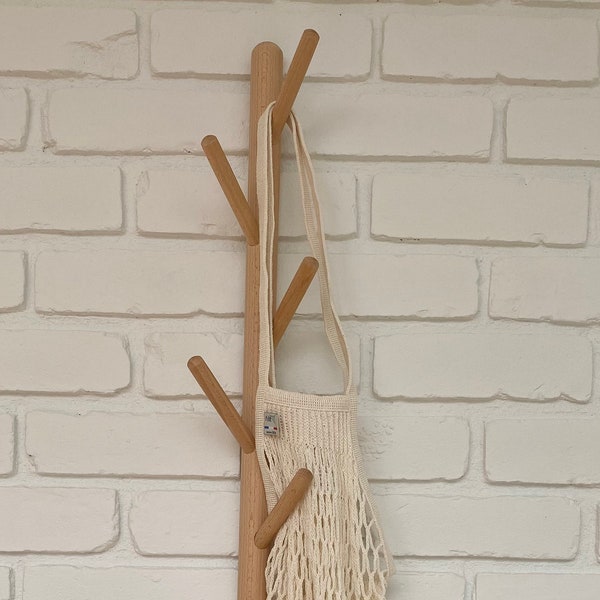 Scandinavian Design Vertical Beech Wood Wall Mount 5-peg dowel Hook - For bags, hats, towels, necklaces