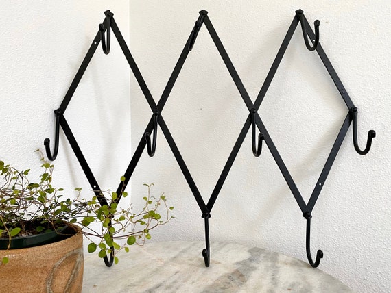 Vintage Style Folding Hand Forged IRON Metal Expending Accordion Rack W/ 10 Hooks  Wall Hook for Towels, Hats, Mugs, Bagsgreat for Stockings 