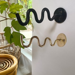 Handmade Unique squiggle wavy whimsical Black Iron or Solid Brass Wall planter, Backpack, bags, hook