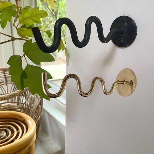 Squiggle Wall Hook, Black Iron or Solid Brass, Whimsical Home Decor