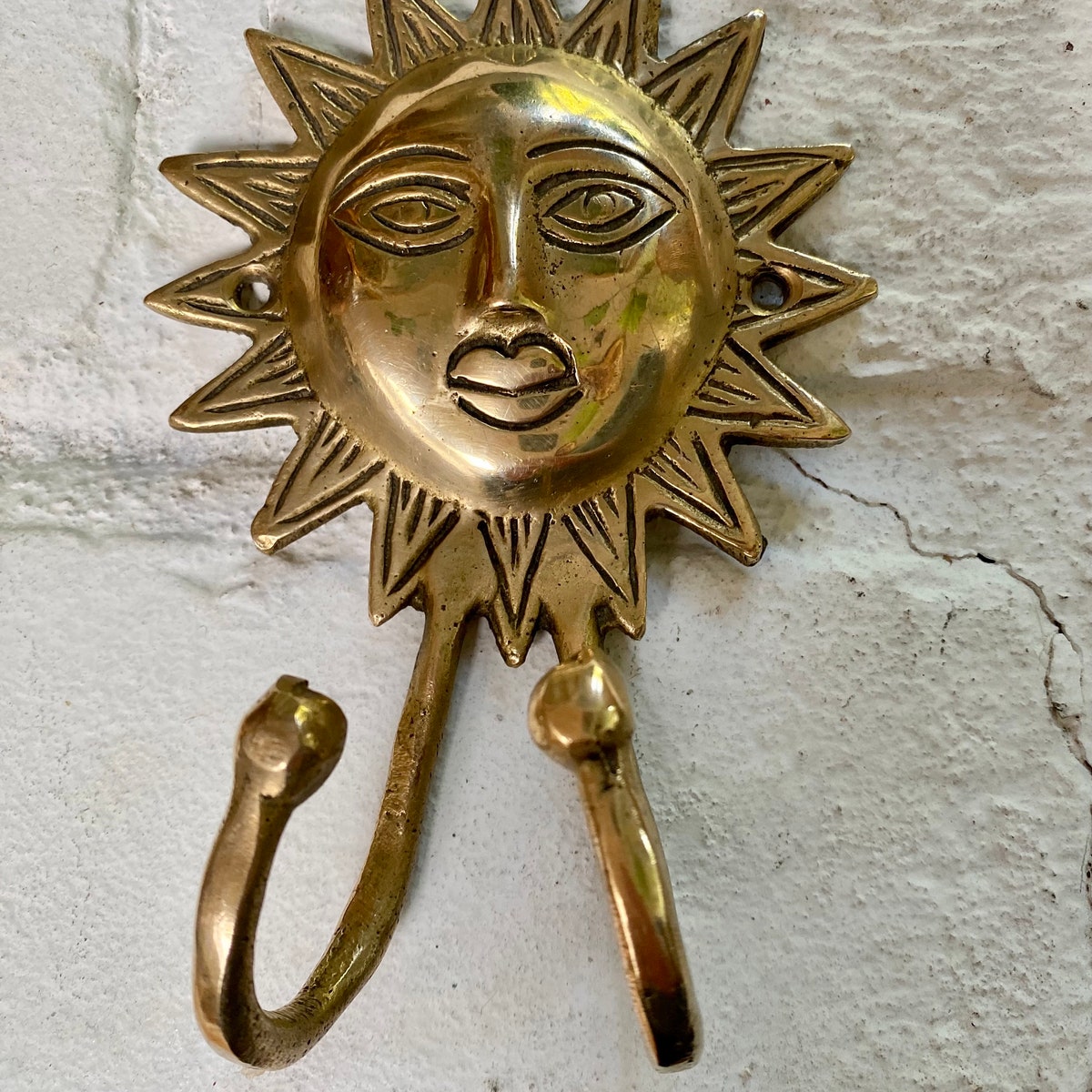 Vintage Brass Wall Hook - Sun With 2 Hooks - Gold