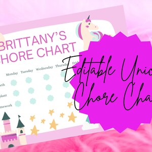 Unicorn Chore Chart for Kids - Editable Printable Chore Chart - Toddler Reward Chart - Pastel Princess Chore Chart - Instant Download