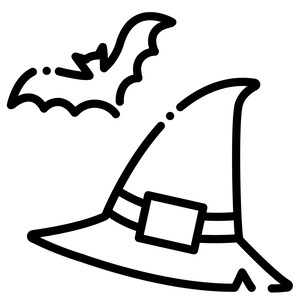 Könnte beinhalten: Eine Schwarzweiß-Zeichnung eines Hexenhutes mit einer Fledermaus, die darüber fliegt.