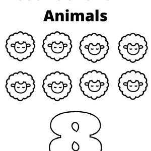 以下が含まれることがあります： 8匹の羊の白黒のイラスト。羊の下に数字の8が書かれています。