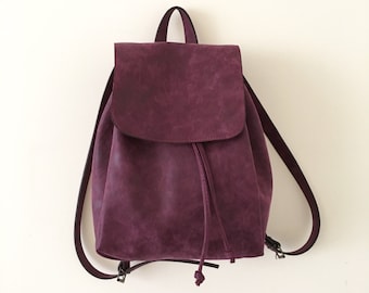 Faux Leather Burgundy Backpack - Vegan Backpack - Water Resistant - Vegan Leather - Rustic Leather - Distressed Leather - Boho Bag - Gift