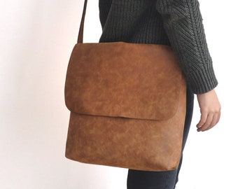 Faux Leather Brown Messenger Bag - Vegan Messenger Bag - Water Resistant - Vegan Leather - Zippered - Distressed Leather - Boho Bag