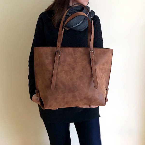 Faux Leather Brown Tote Bag - Vegan Handbag - Water Resistant - Vegan Leather - Rustic Leather - Distressed Leather - Boho Bag - Gift