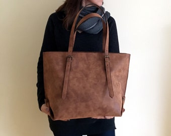 Faux Leather Brown Tote Bag - Vegan Handbag - Water Resistant - Vegan Leather - Rustic Leather - Distressed Leather - Boho Bag - Gift