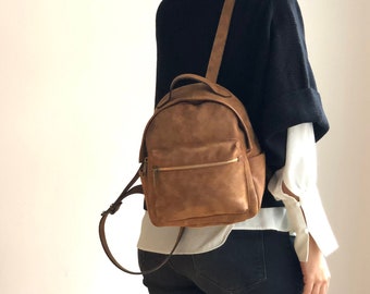 Zippered Backpack in Brown- Vegan Backpack - Water Resistant - Vegan Leather - Rustic Leather - Distressed Leather - Boho Bag