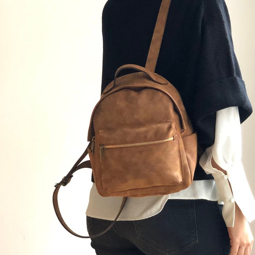 Faux Leather Brown Backpack Vegan Backpack Water Resistant Etsy Canada