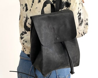 Drawstring Backpack in Black - Vegan Leather Backpack - Diaper Backpack - Water Resistant - Distressed Leather - Black Backpack