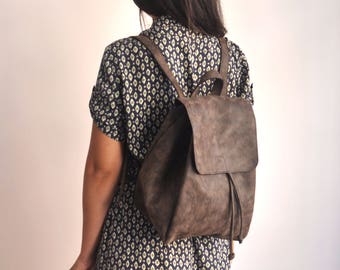 Faux Leather Dark Brown Backpack - Vegan Backpack - Water Resistant - Vegan Leather - Rustic Leather - Distressed Leather - Boho Bag - Gifts