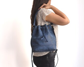 Faux Leather Bucket Bag - Blue Vegan Handbag - Brown Shoulder Bag - Crossbody Bag - Detachable Strap - Hobo Bag - Water Resistant